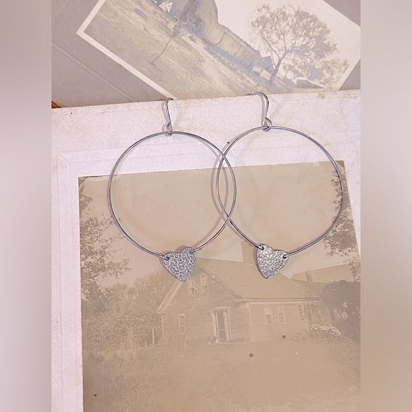 Vintage Sterling Silver Heart Adorned Dangling Circular Hoop Earrings - Picture 2 of 5